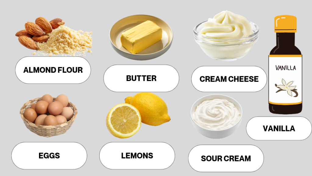 Top-down view of sugar-free lemon cheesecake ingredients including almond flour, cream cheese, eggs, lemons, and vanilla extract on a white wooden background.