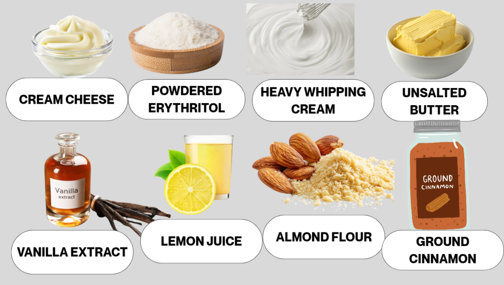 Ingredients for no-bake keto cheesecake bites including cream cheese, almond flour, sweetener, heavy cream, lemon juice, cinnamon, and butter