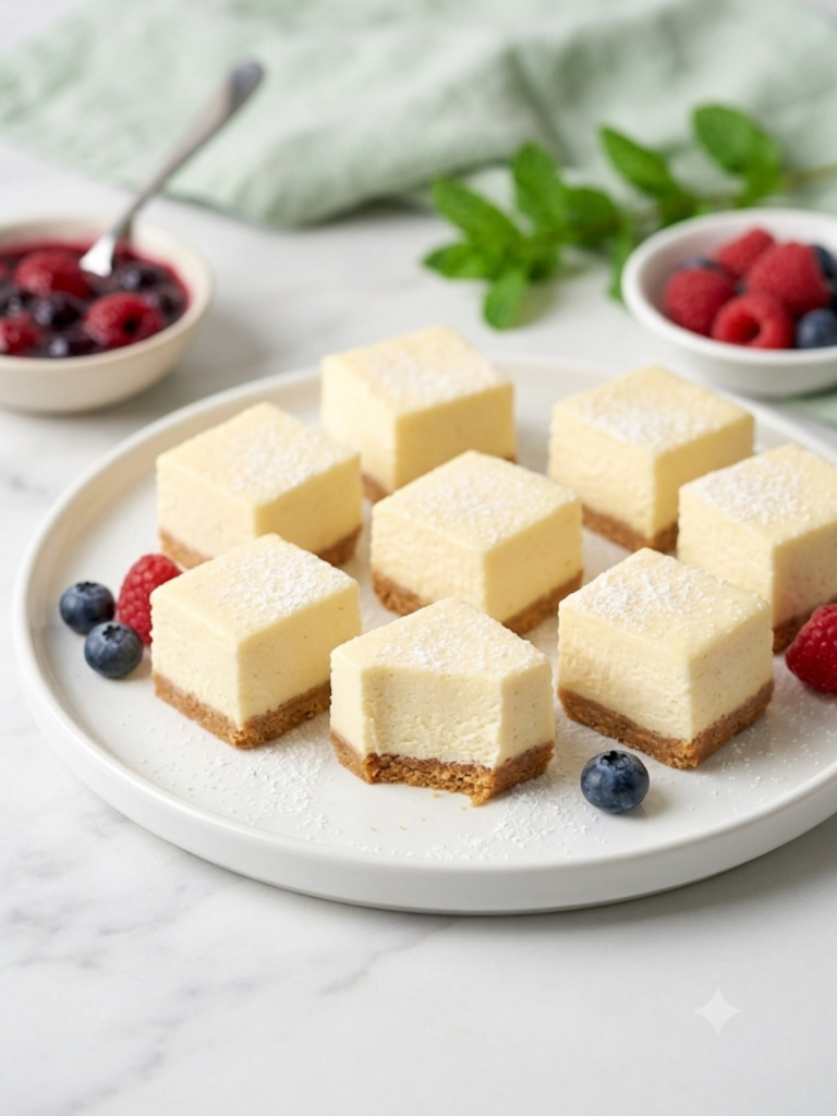 Eight square no-bake keto cheesecake bites served on a white plate with fresh blueberries and raspberries.