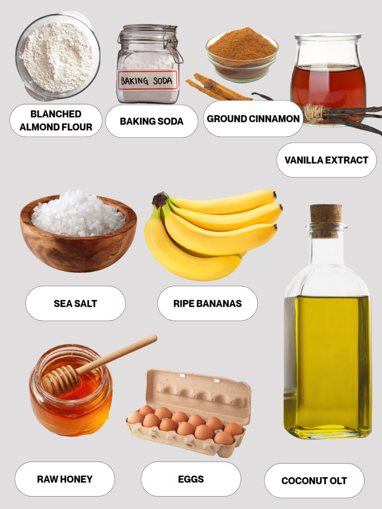 Baking ingredients including almond flour ripe bananas honey eggs coconut oil and cinnamon