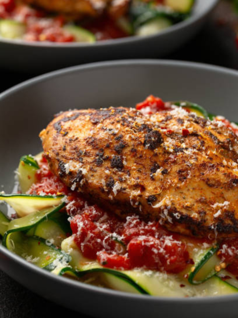 Baked Keto Chicken Parmesan with Zucchini Noodles (Healthy Dinner Idea)