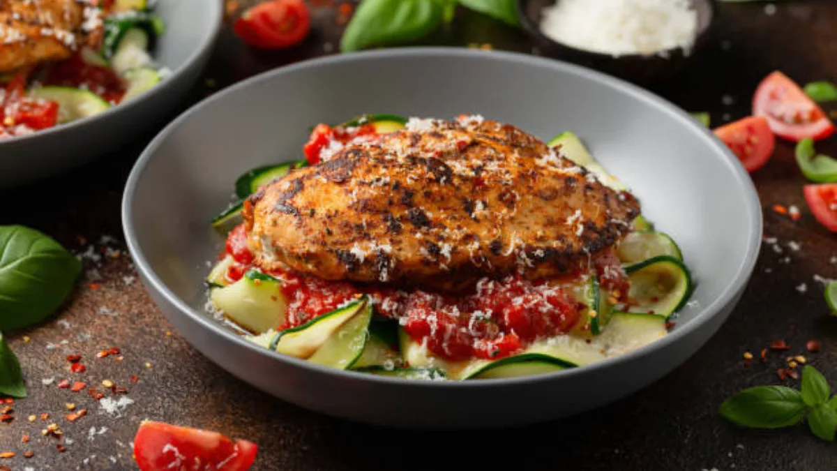 Baked Keto Chicken Parmesan with Zucchini Noodles (Healthy Dinner Idea)
