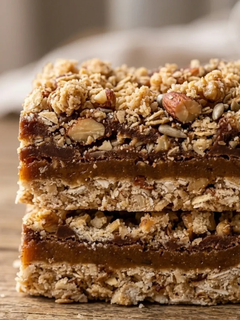 Close-up macro view of layered oat nut granola bars naturally sweetened with dates