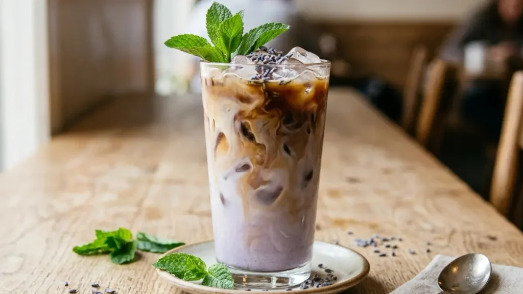 Lavender mint iced latte in a tall glass with milk swirls, garnished with fresh mint and dried lavender buds