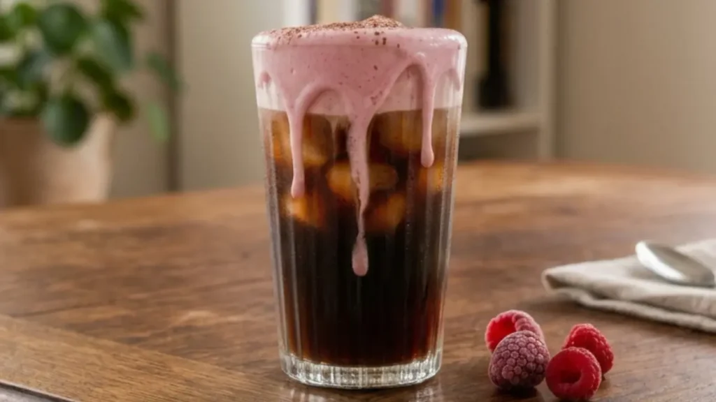 Raspberry dark cacao cold foam dripping over iced cold brew coffee in a glass, topped with cocoa powder