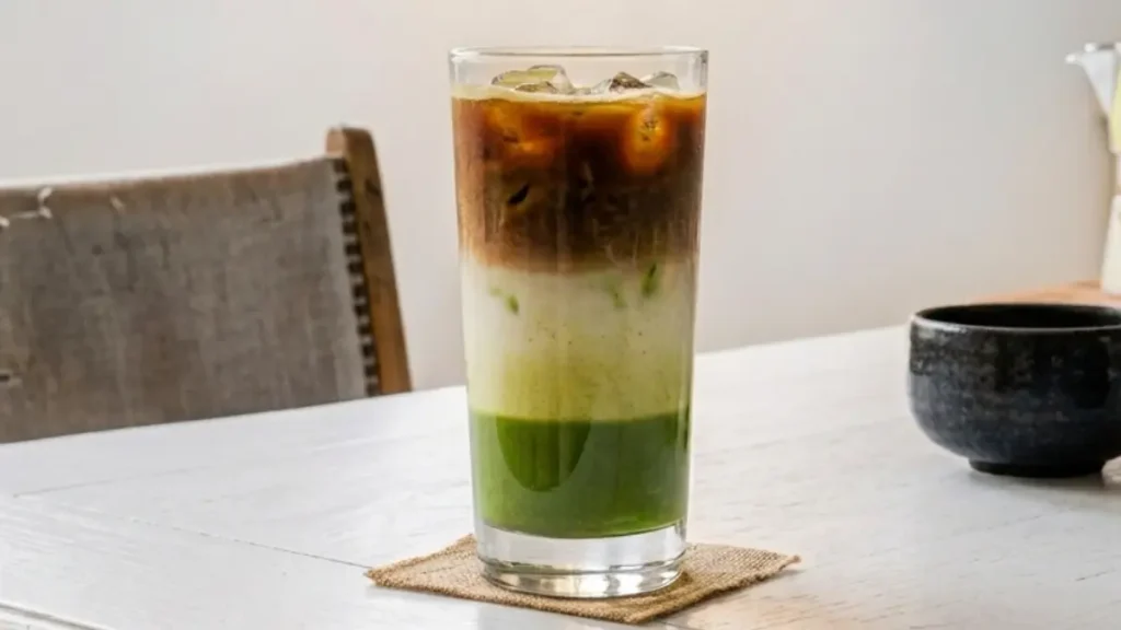 Matcha Espresso Fusion layered iced drink with green matcha, almond milk, and espresso in a tall clear glass
